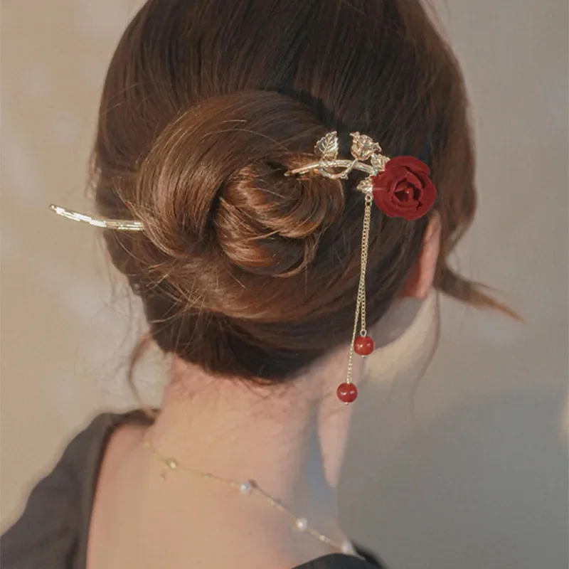 عصي شعر على شكل زهرة الورد الأحمر للنساء ، عود بزهور بسيطة ، دبابيس شعر ، تصفيفة شعر ، طراز صيني ، إكسسوارات أدوات الشعر #4