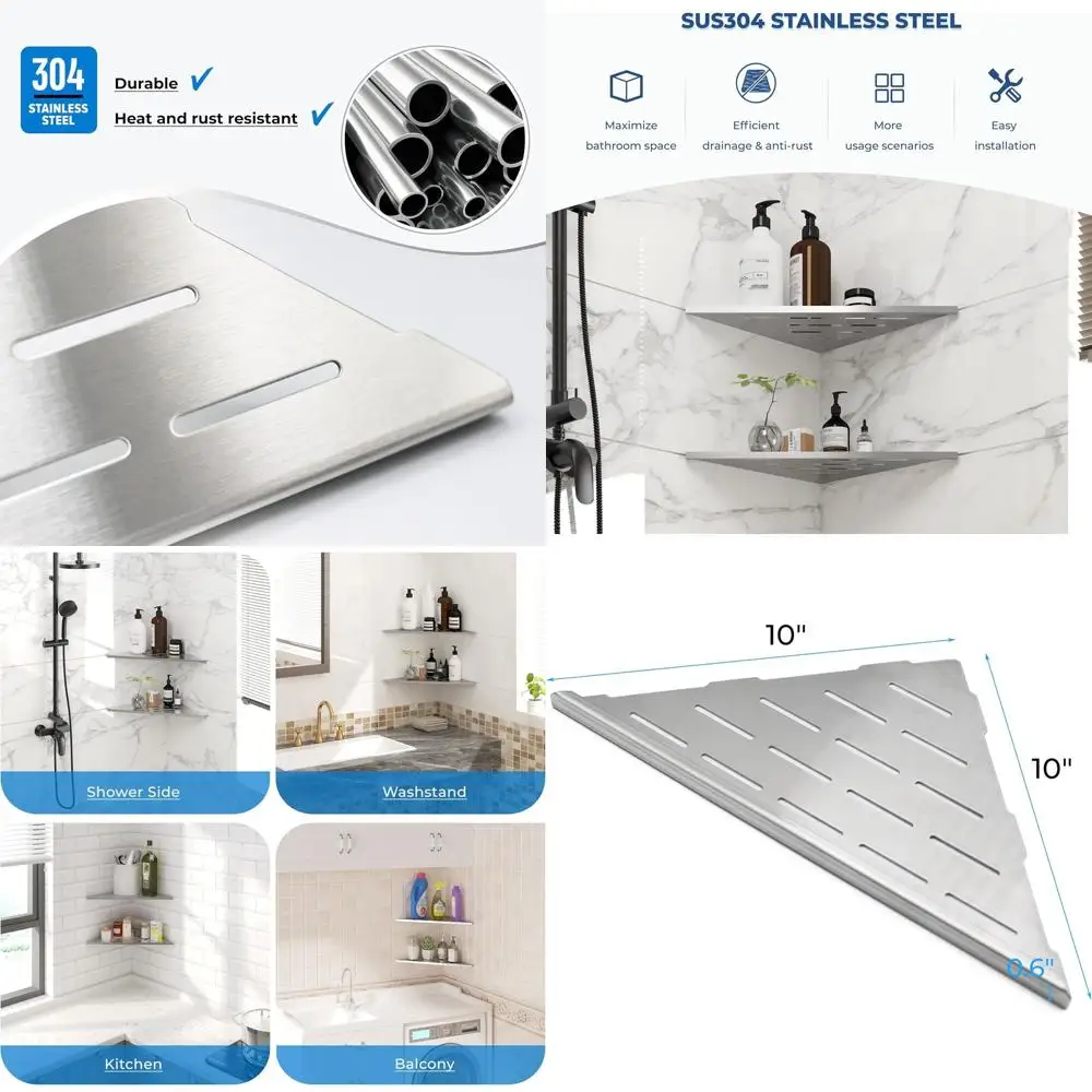 

10 Brushed Nickel Recessed Shower Shelf, Tiled Wall Corner Mount, Stainless Steel, No Drilling, Striped Triangle Design