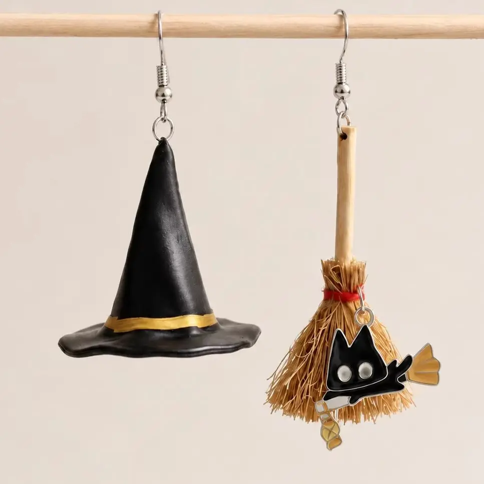 Halloween Black Cat Witch Hat Broom Earrings for Women, Resin Asymmetric Long Dangle Earrings Spooky Costume Party Jewelry Gift
