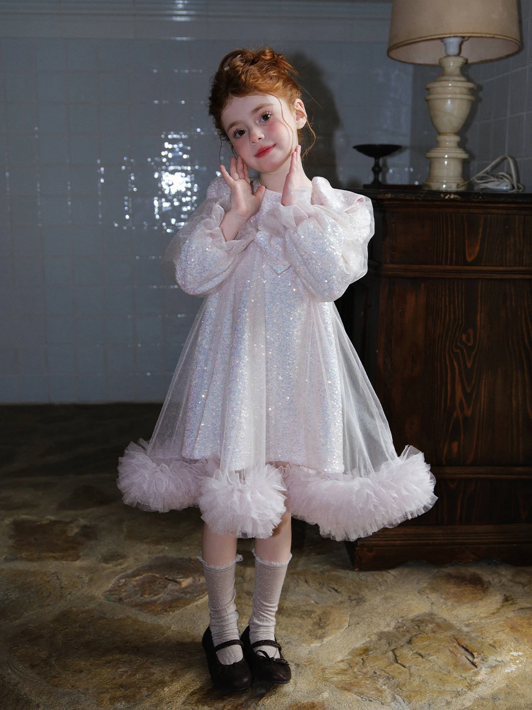 Girls Sequin Mesh Puffy Pink Party Dress Sparkly Princess Gown with Bow Cute A-Line Formal Birthday Outfit for Toddlers Kids