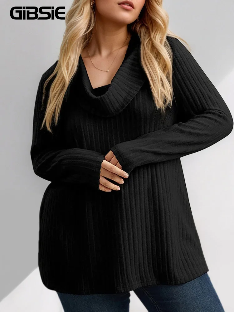 GIBSIE プラスサイズ スカーフカラー ブラック リブニット Tシャツ レディース 秋冬 カジュアル 長袖 無地 ティー トップス 女性用