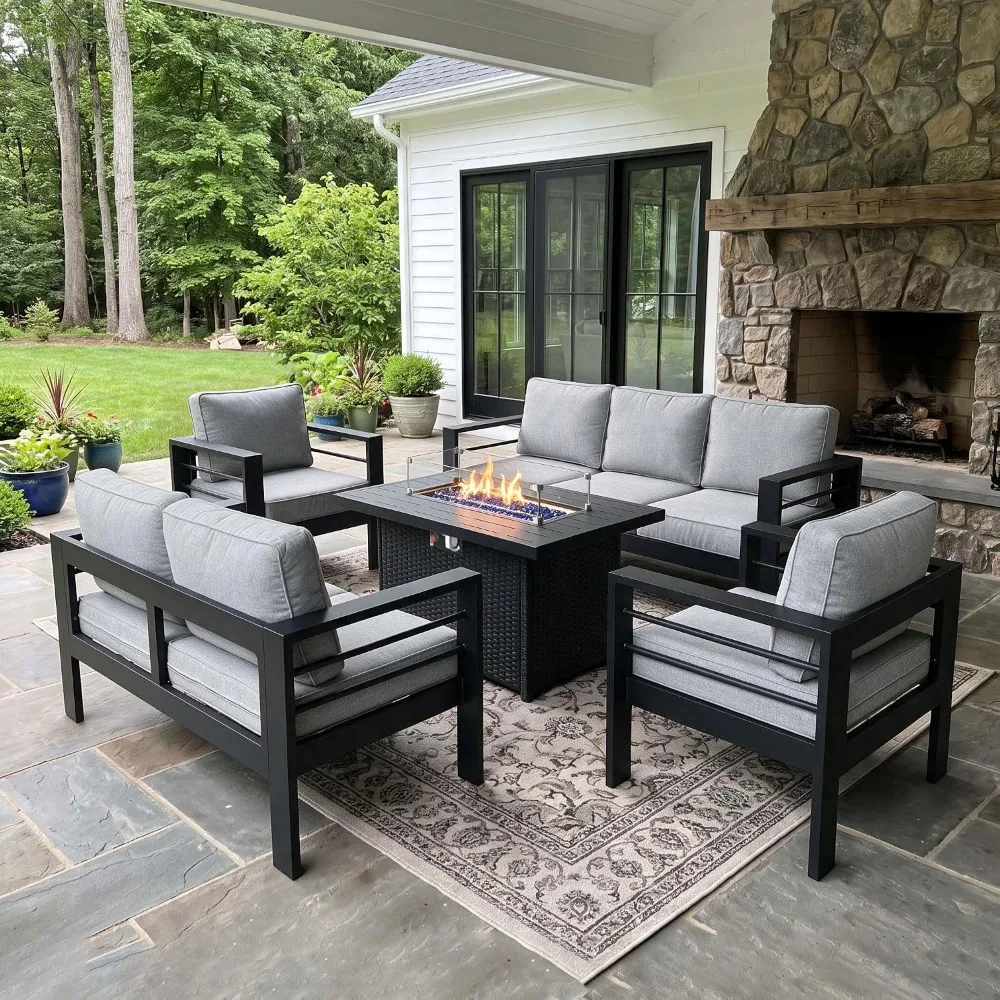 Aluminum Patio Sectional Sofa Set with Fire Pit Table, 5 Pieces Modern Outdoor Seating, Custom