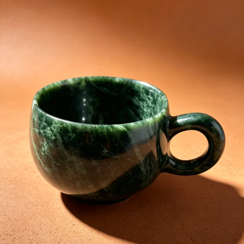 Natural dark green jade, coffee cup, exquisite retro herbal king stone mug, teacup.