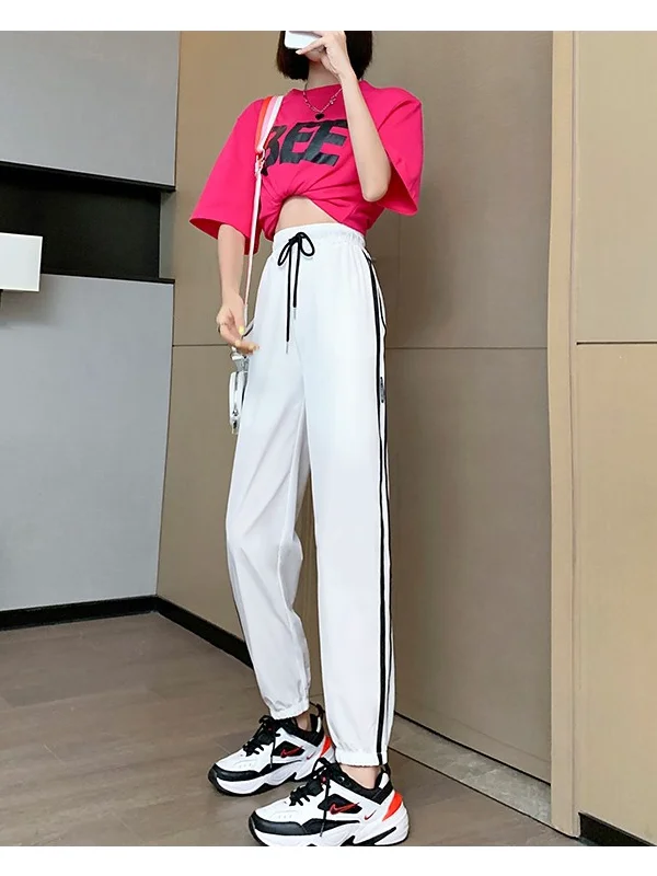 Qui Dry Ice Silk Sport Pants Women's Spring Autumn Thin Stripe Loose Cuffed Mosquito Proof Adult Cool Nine Point Casual Pants
