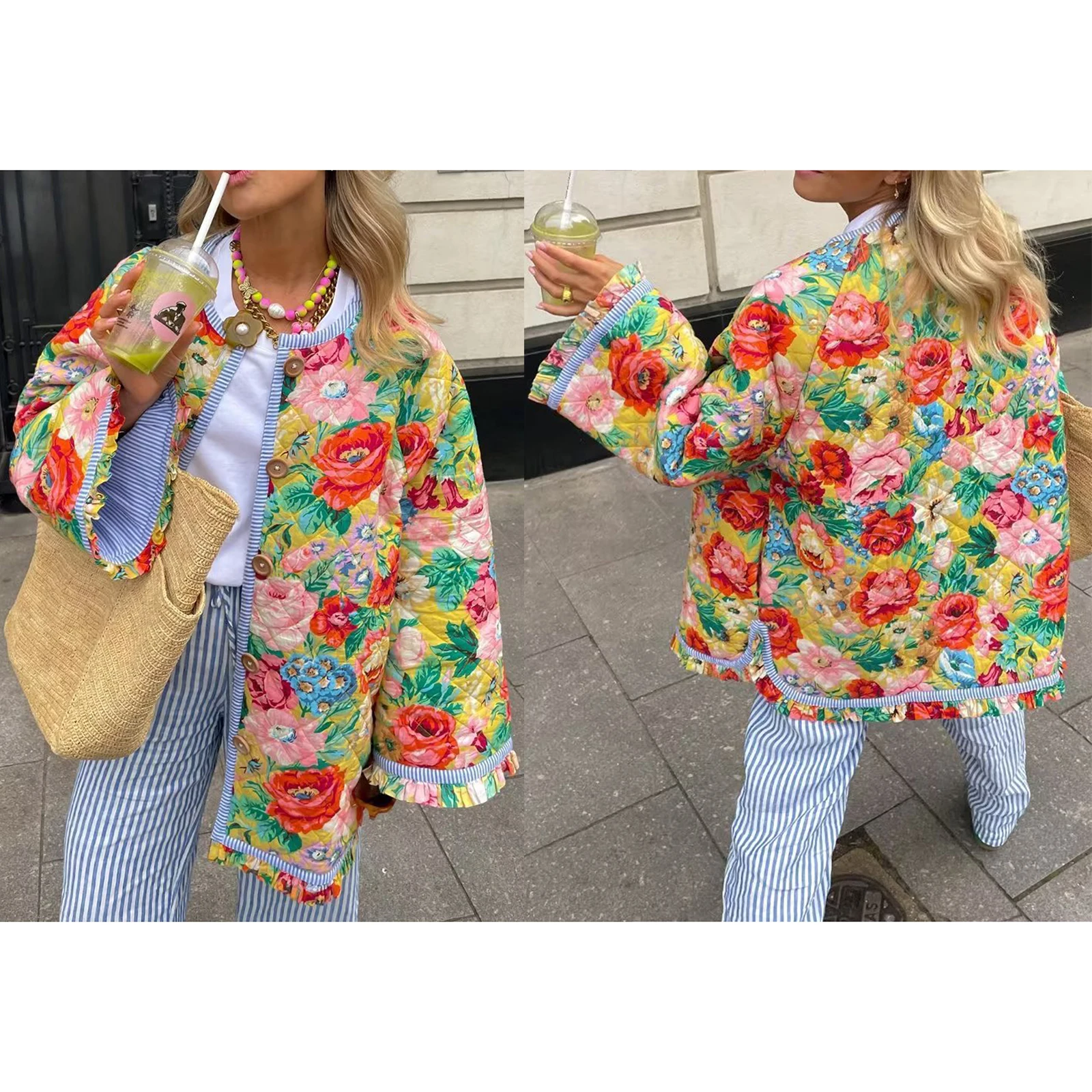 Jaqueta puffer recortada para mulheres, manga longa, gola de gola, jaqueta floral, casaco leve, jaqueta acolchoada vintage, casacos