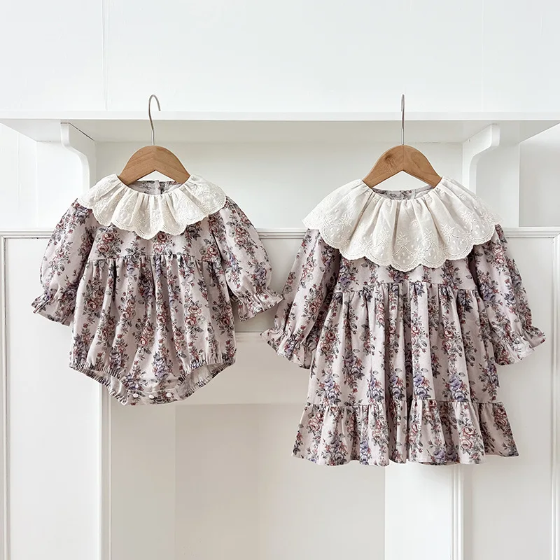 

​​2025 Korean Style Baby Girl Sister Twin Outfits Matching Floral Lace Dresses + Rompers Spring Toddler Clothes 0-3 Years