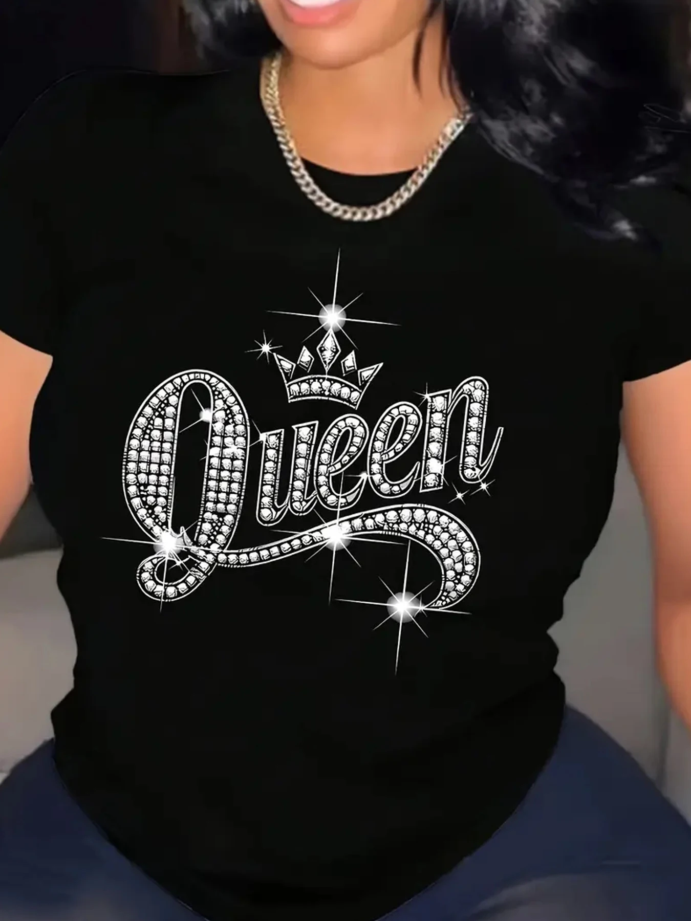 Rhinestone Queen Print T-Shirt Casual Short Sleeve Women's