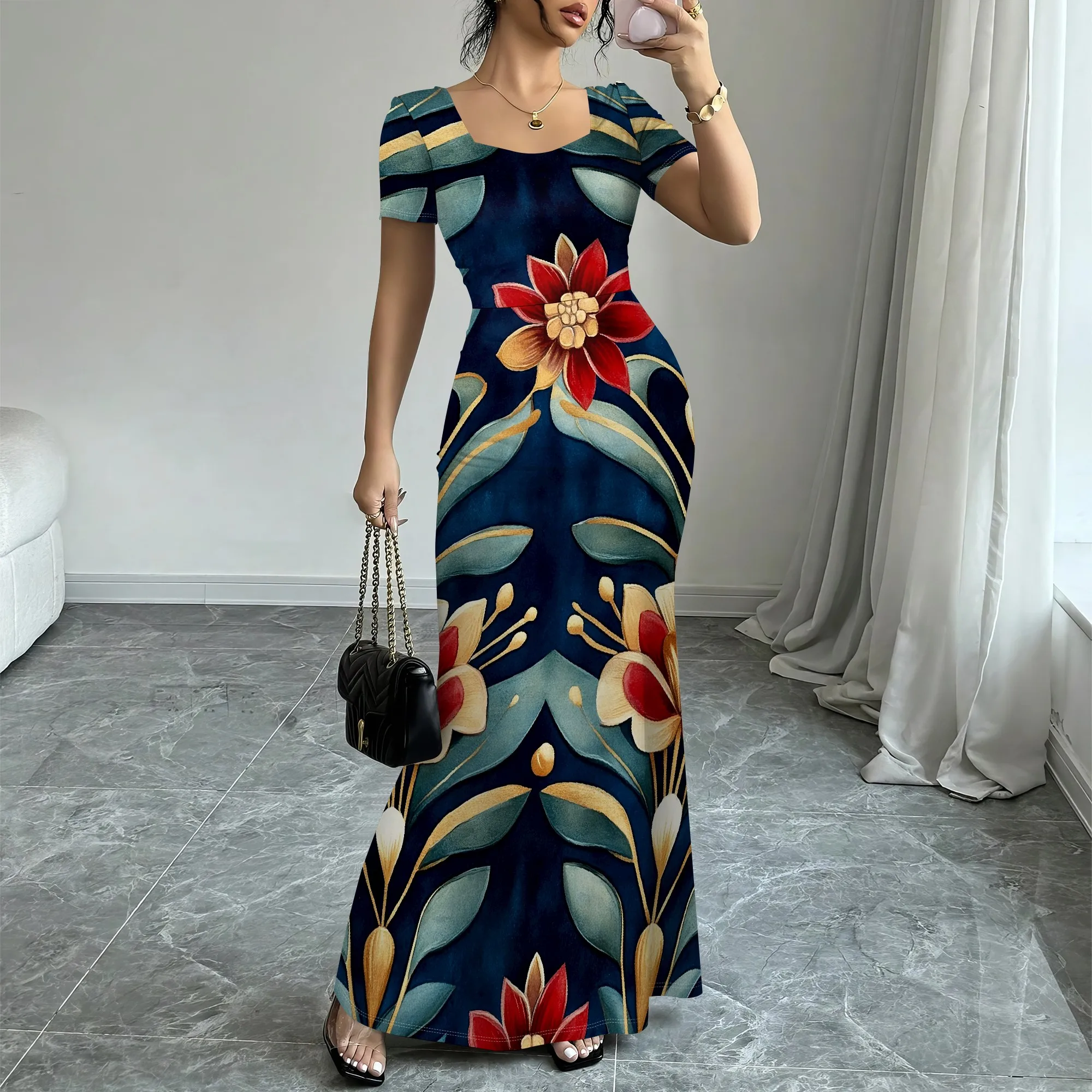 

Elegant Floral Maxi Dress for Women XS-3XL 2025 Summer Round Neck Short Sleeve Long Dress for Party Wedding Guest