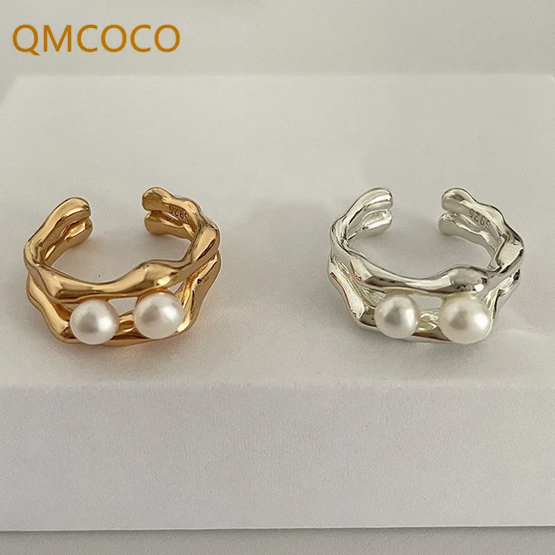 

QMCOCO Gold Color Pearl Open Betrothal Ring Irregular Aesthetics Vintage Jewelry Finger Rings for Women Girls