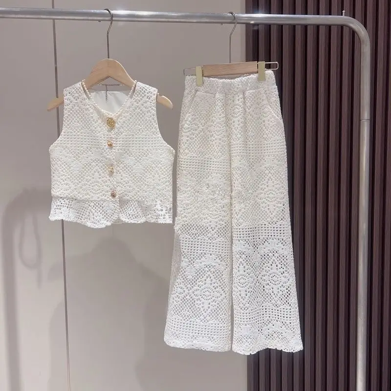 

New Baby Girls Summer Teenage Fashion Lace Hollow Out Sets Top + Pants Princess Sweet Suits 5-12T