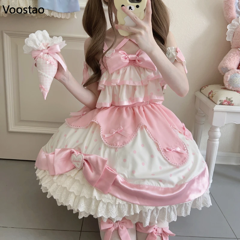 Japanese Sweet Lolita Jsk Dress Women Harajuku Kawaii Bow Ruffles Polka Dot Print Tea Party Dresses Girls Cute Slim Mini Dress