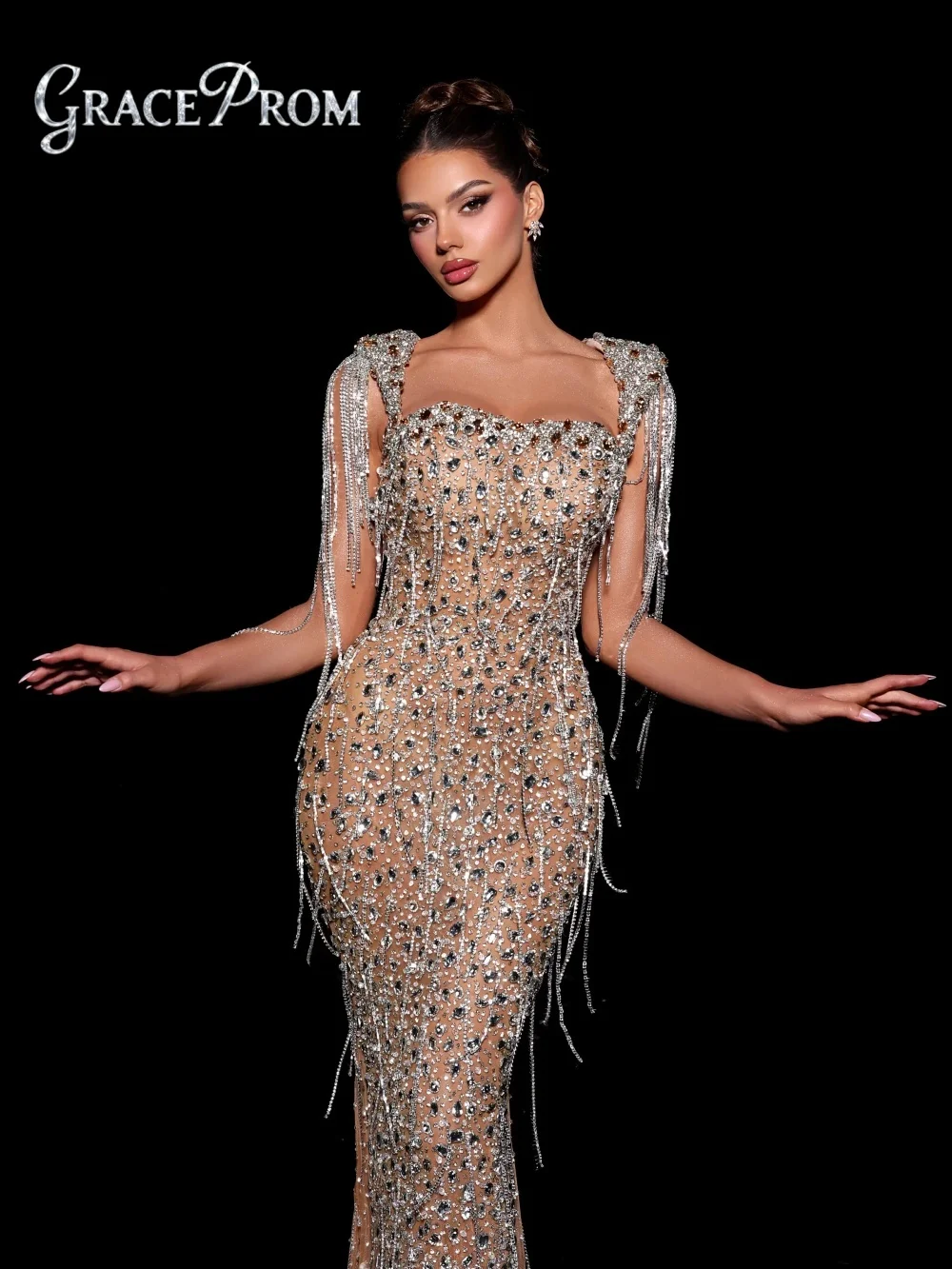 

Элегантное вечернее платье с бахромой и стразами, стильное вечернее платье с квадратным вырезом, блестящее вечернее платье русалки длиной до пола, по индивидуальному заказу