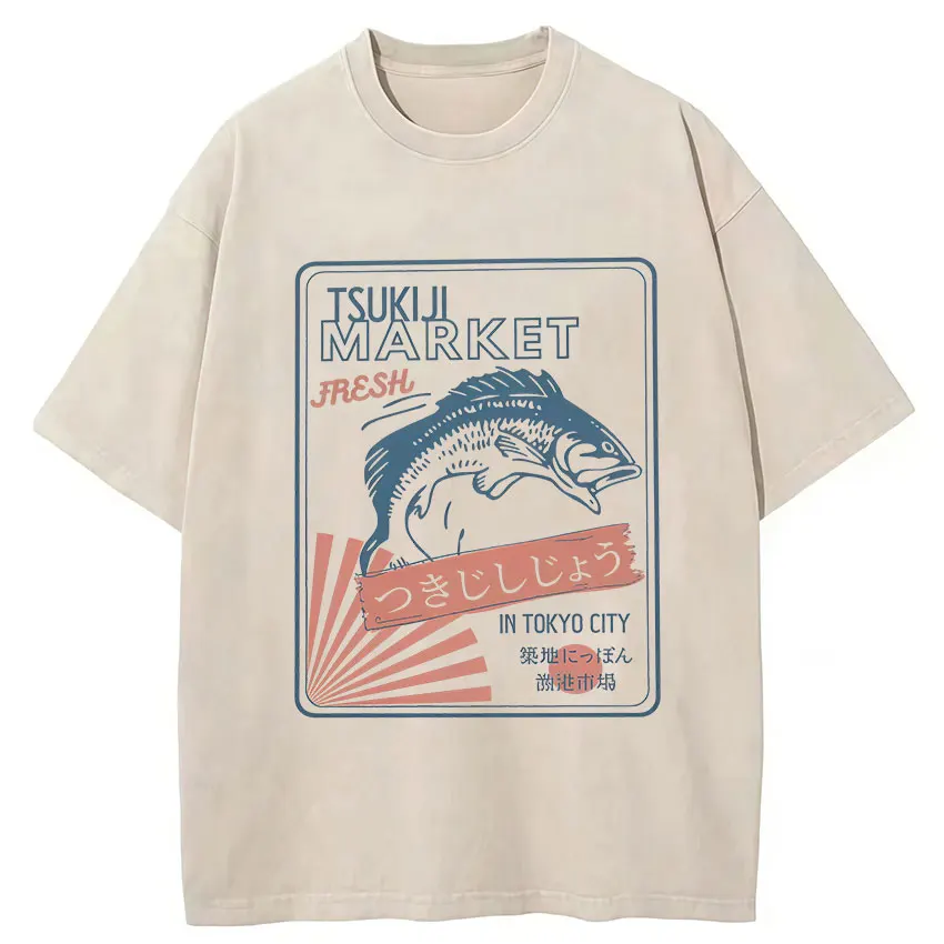 Vintage Washed Cotton T-Shirt Japanese Fish Tsukiji Market Funny Graphic T Shirt Men's Fans Humor Clothing Short Sleeve Tshirts