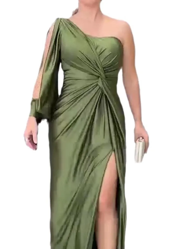 Damenmode Party Maxikleid Sommer Solide One Shoulder Langarm Ausschnitt Unregelmäßige Plissee Erstickte Taille Schlitzkleider 2024