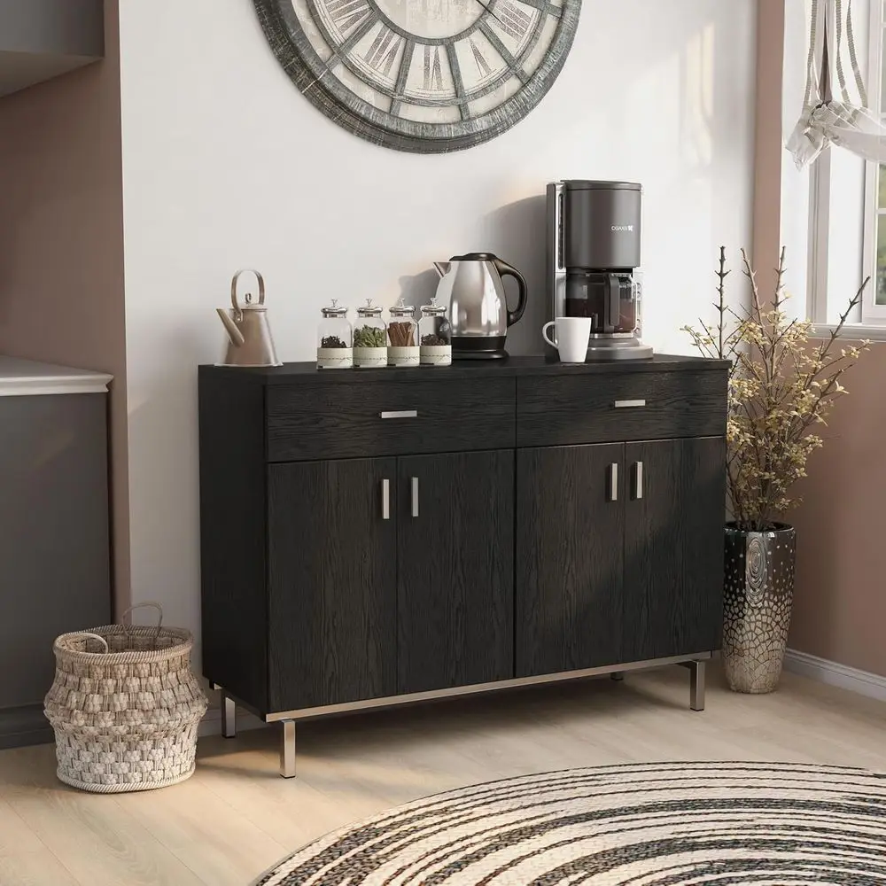 Brysin ern 2-Der 48 in. Buet Server, Sideboard with Removable Wine Holder, 2 Ders On Metal Glides and 2 DoBottom Cabinet or Kitc