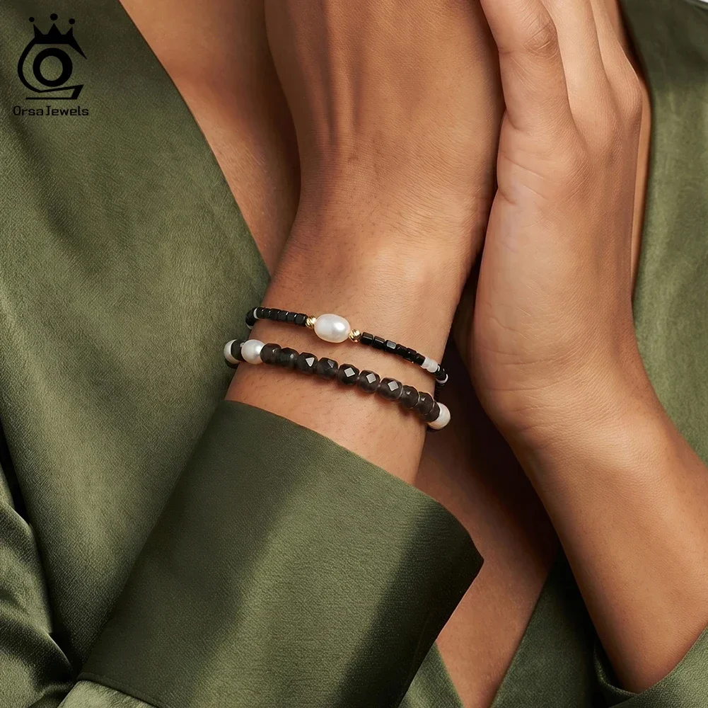 ORSA JEWELS S925 Silver Natural Black Stone Beads Bracelet for Women Fashion Baroque Pearl Chain Bracelet Gemstone Jewelry MPB21 view 5
