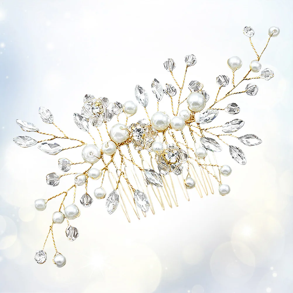 Pearl Crystal Hair Comb Golden Rhinestone Bridal Headdress for Wedding Party Prom Bridesmaid Flower Updo Half Hairstyle