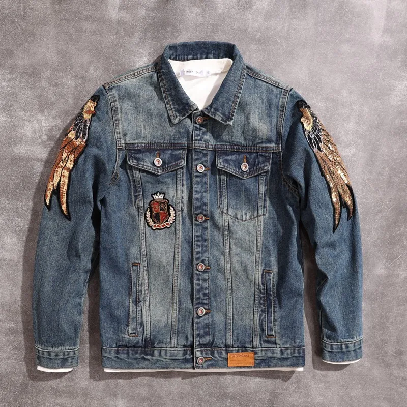 2024 new personalized sequins design men's denim jacket [Owl] embroidery fashion Trendy loose versatile men's jacket tops