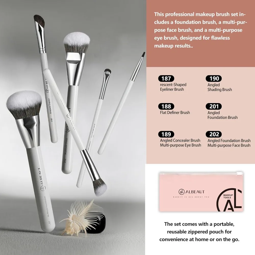 Zestaw pędzli do makijażu twarzy 6 szt., skośny pędzel do podkładu w kremie, płynnego różu, pędzel do korektora pod oczy, pędzel do konturowania nosa, eyelineru i brwi B