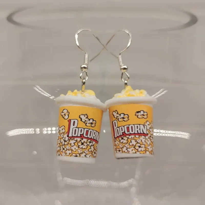 Creative Simulation Popcorn Bucket Pendant Women's Earrings 3D Resin Accessories Handmade Hook Eardrop Cinema Jewelry Cute Gift