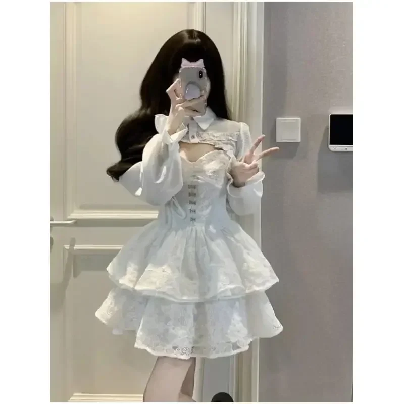 Gagarich Solid Sexy Suit Dress Women Spring Autumn 2024 New Fashion Long-sleeved Blouse Lace Sling Midi Dress 2 Piece Set Girl