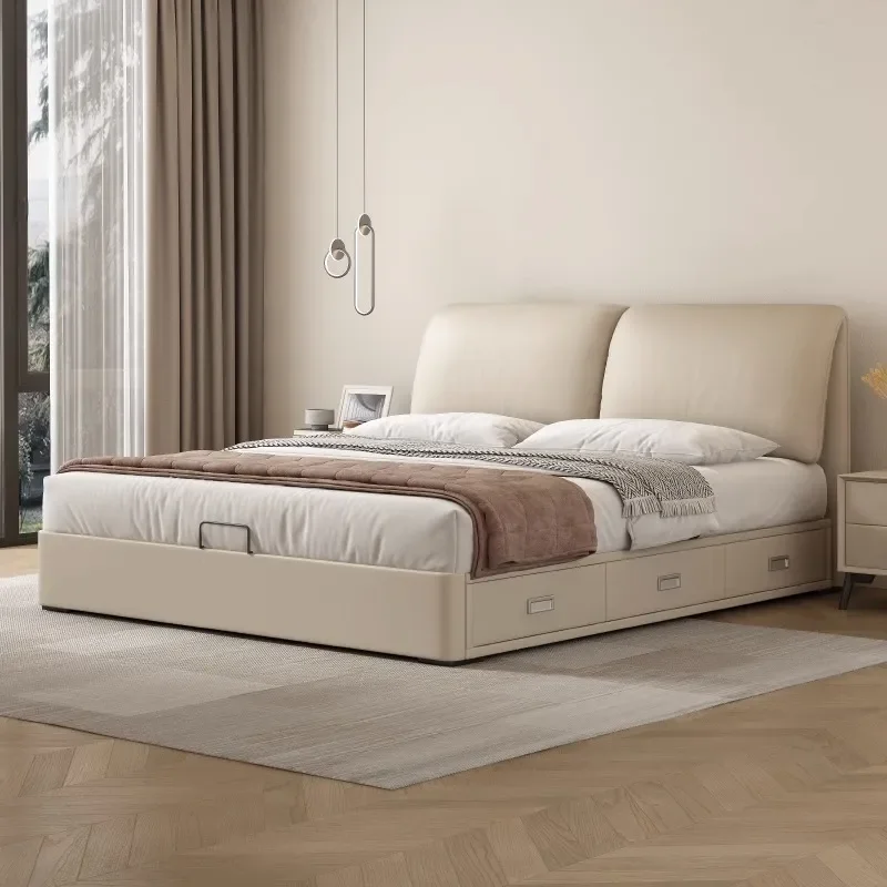 Italian Minimalist Leather Bed with Elephant Ear Headboard and Storage Drawers for Master Bedroom Wedding Light Luxury Design