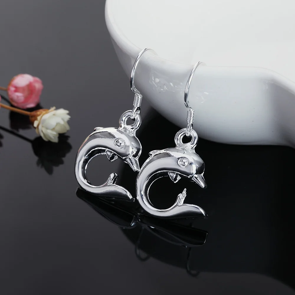 Hot Popular 925 Sterling Silver Cute little dolphin drop Earrings for Women fashion party Jewelry Christmas Gifts long earrings