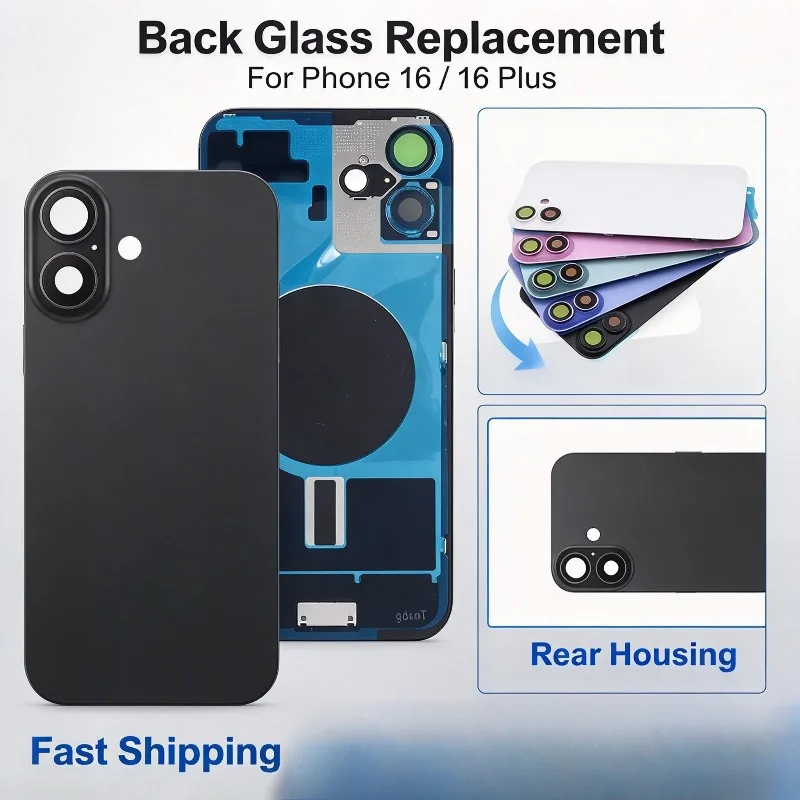 Back Glass Replacement With Adhesive For iPhone 16 16 Plus With Rear Battery Door Housing Phone Repair Spare Parts