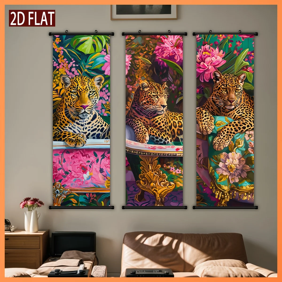 VIKAMA Colorful Flower Leopard Wind Scroll Tapestry, High Definition Non Fading Wall Scroll Painting for Wild Room Decor