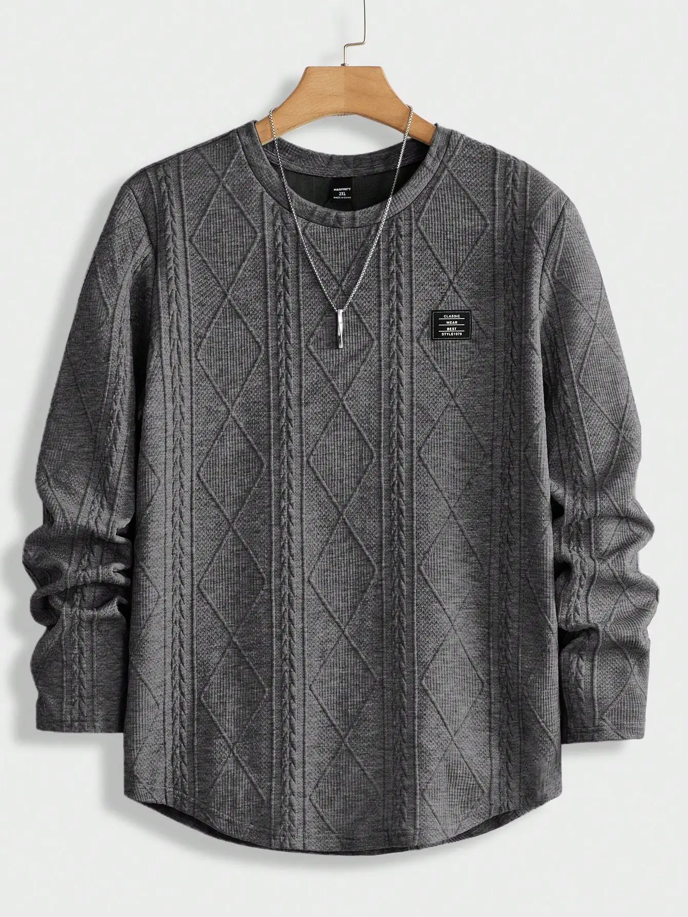 

Men's Loose Fit Knit Sweater with Diamond & Cable Pattern, Round Neck