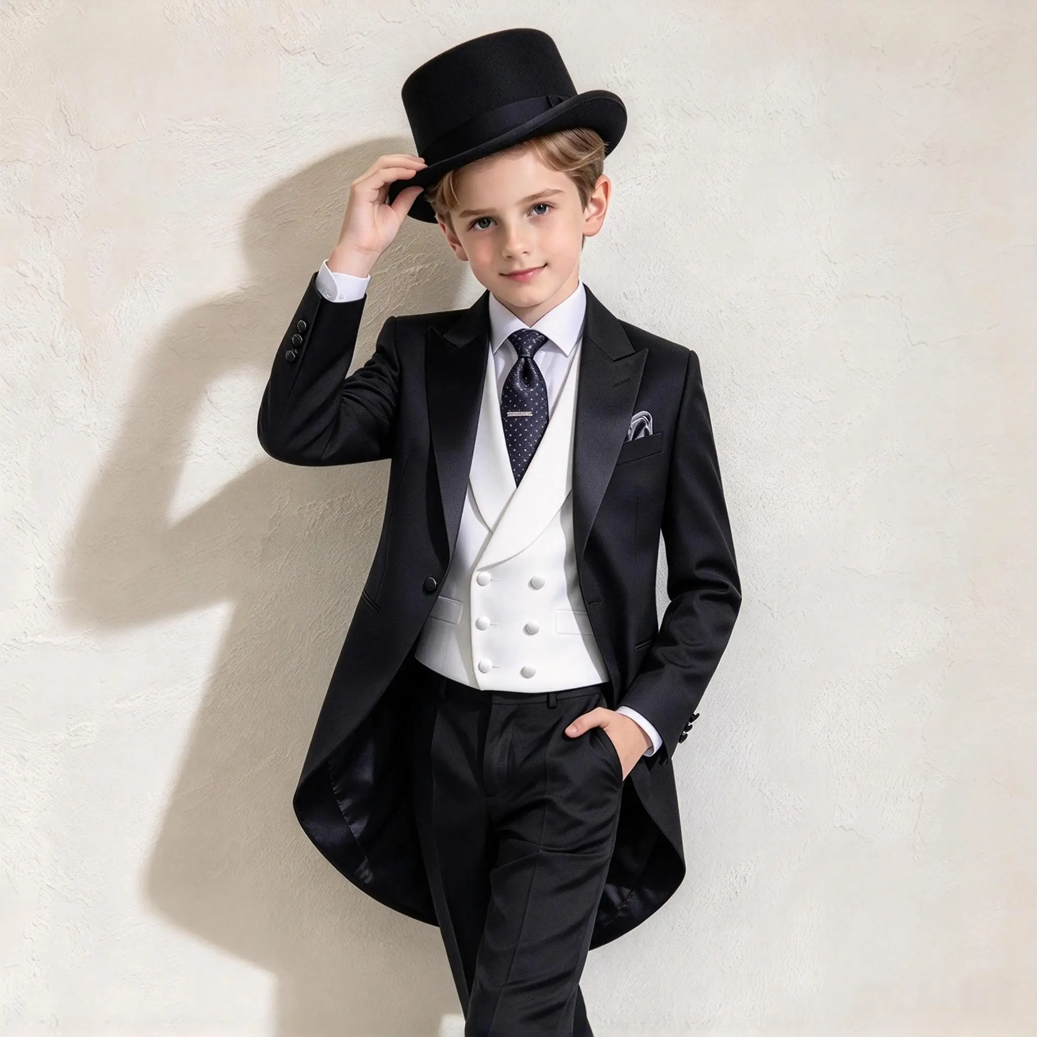 Black Tailcoat Boy's Suit Formal Set 3-Pieces (Jacket+vest+pants) Peaked Lapel Kids Tuxedos 2-16 Year Dinner Wedding Prom Party