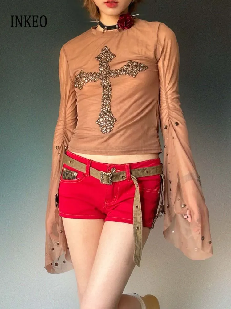 

Летние сетчатые топы со стразами, блестящий женский сексуальный прозрачный топ YSK, тонкий, 2029, летняя эластичная футболка с длинными рукавами, футболка INKEO 5T057