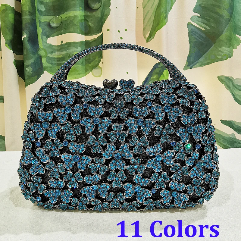 WHTUOHENG Luxury Top-Handle Crystal Evening Bag Blue Rhinestone Flower Handbag Diamond Silver Purse Women's Party Stone Clutch