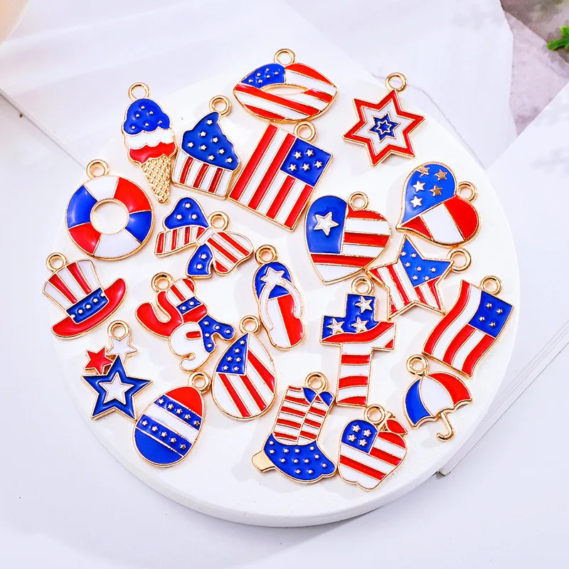 20 pcs/lot Fashion Alloy USA Flag Heart Pendant Accessories Charms for Women, Earrings/Necklace Handmade DIY Jewelry