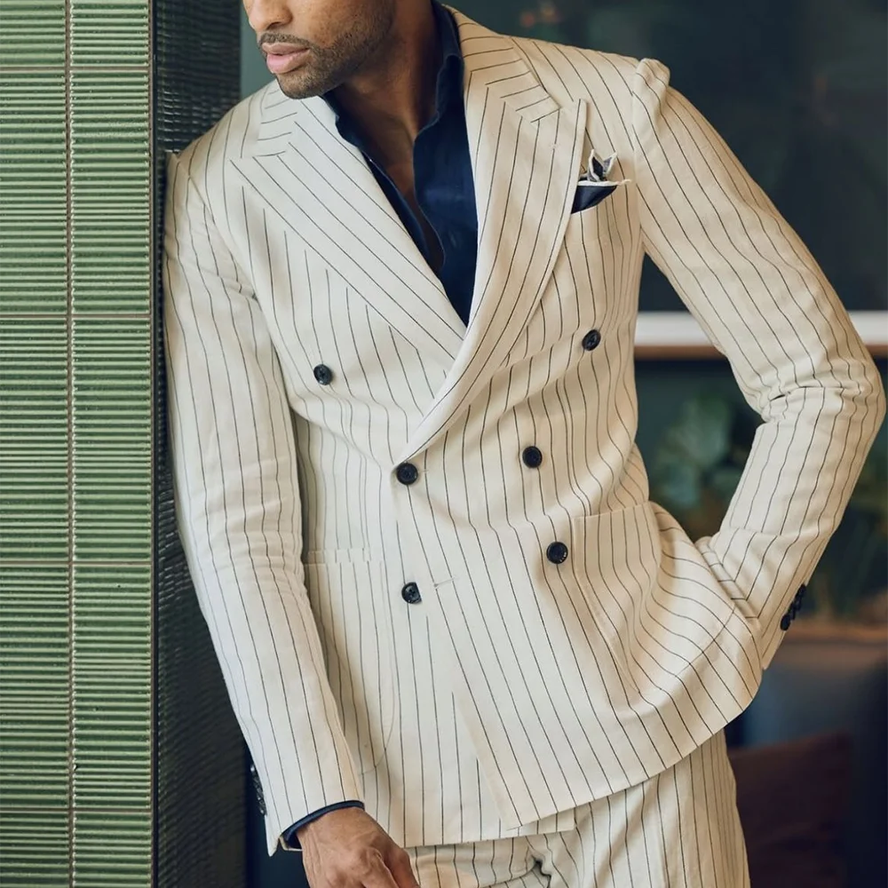 

Мужской костюм в белую полоску, шикарный двубортный костюм с остроконечными лацканами, классическая прямая деловая повседневная офисная мужская одежда