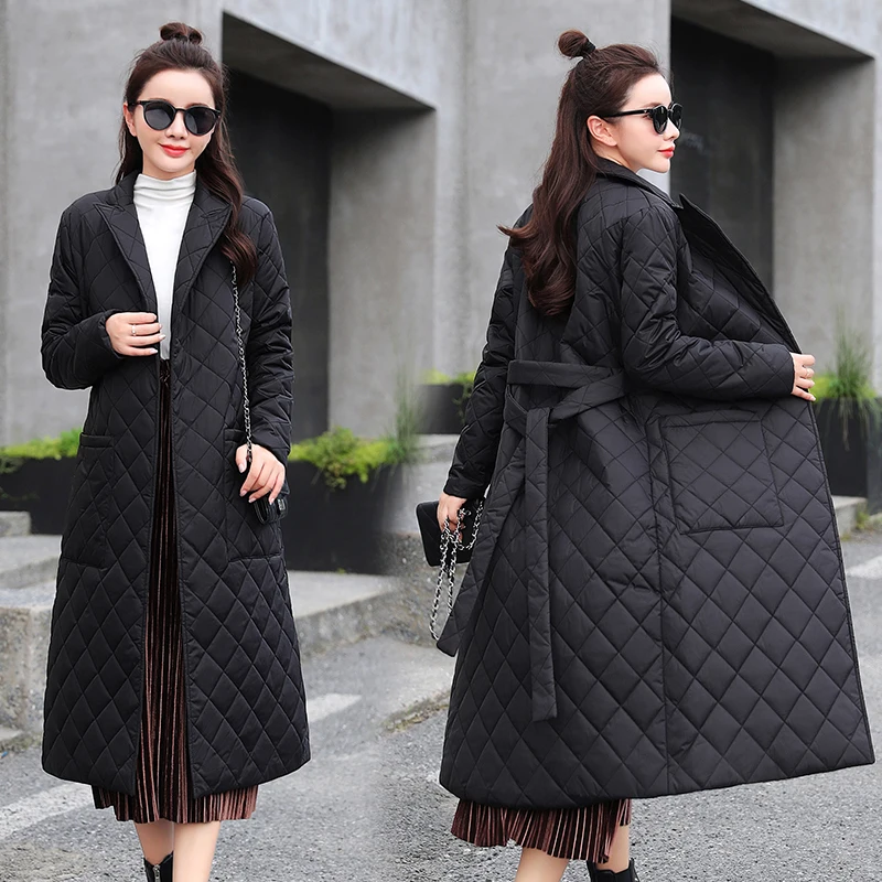 2022Winter Quilted Coats Women Long Parkas Vintage Plaid Loose Belt Jacket Overcoat Female Mid-Length  Outwear пальто женское
