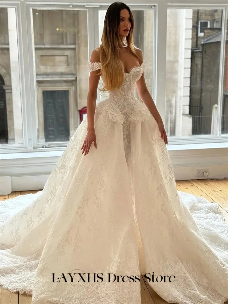 LAYXHS エレガントなウェディングドレス オフショルダー レース ノースリーブ パール フロアレングス ブライダルドレス カスタマイズ hochzeitspartykleid