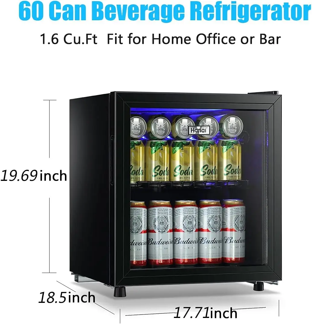 Beverage Refrigerator Cooler 60 Can Mini Fridge Glass Door for Beer Drinks Wines Juice, Adjustable Shelves Blue LED Lights