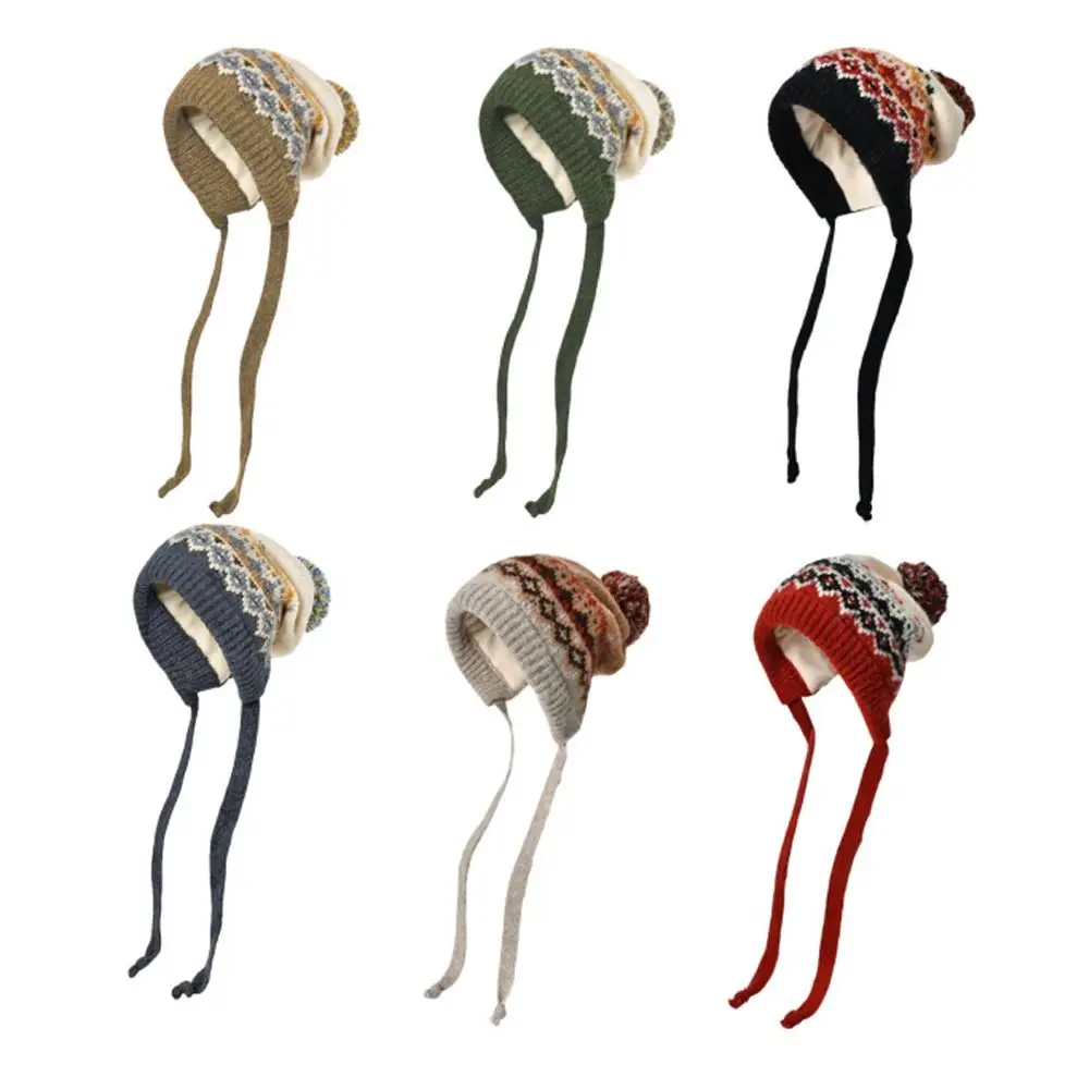 

Fashion Pompom Warm Hat Windproof Knitted Beanie Cap Cold Proof Thickned Ear Protection Hat Women