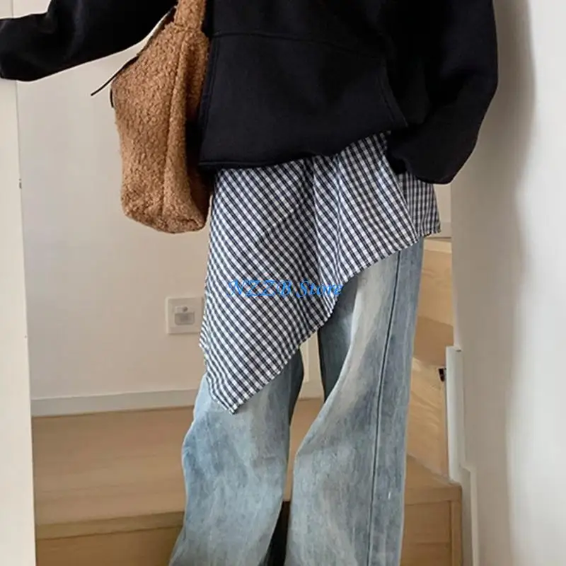 

T21F Women Layered A Line Wrap Skirt Hiphop Street Dance Checkered Hip Scarf Tie Up Asymmetrical Underskirt Shirt Extender