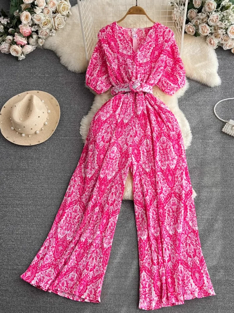 

V Neck Flower Print Wide Leg Pant Romper Summer Vintage Monos Mujer Elegante Bodysuit Pleated Slim High Grade Chiffon Jumpsuit