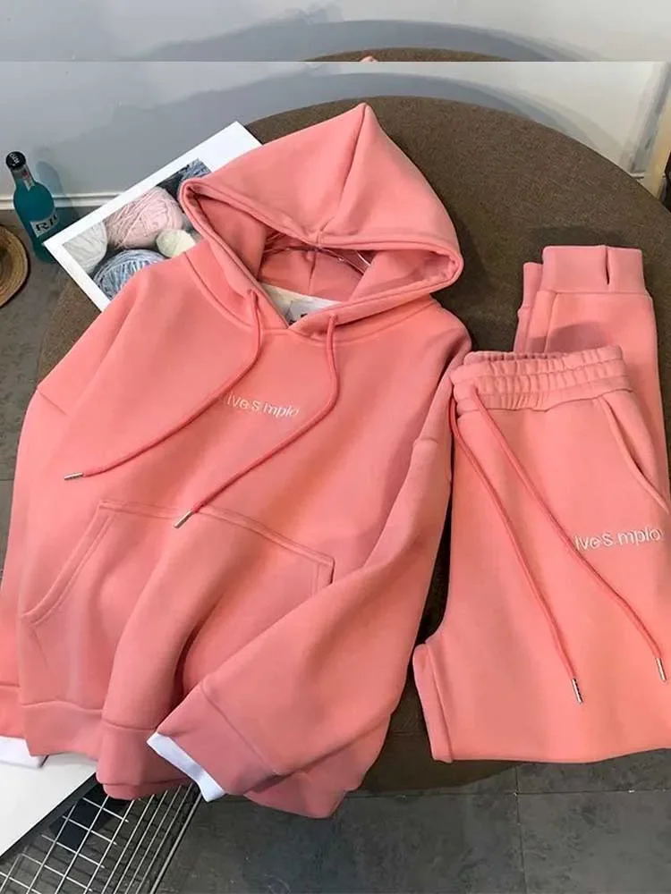 Autumn Winter New Suit Thickened Big Velvet Pullover Hooded Women\'s Sports and Leisure Two-piece Trousers