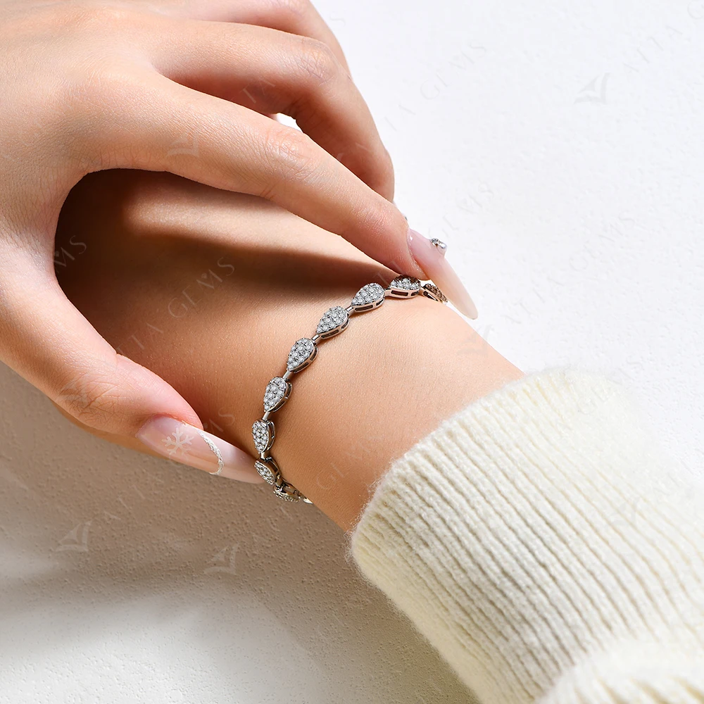 ATTAGEMS Luxury Moissanite Bracelet for Women Pear Shape Full D Color VVS1 Diamond S925 Silver White Gold Plated Wedding Jewelry