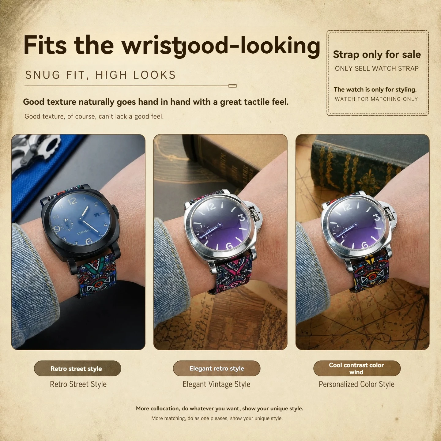 Retro Ethnic Nylon Canvas Cowhide Bottom Watch Strap for Panerai Watch Strap Diesel Men's PAM111 PAM441 Watchband 22mm 24mm