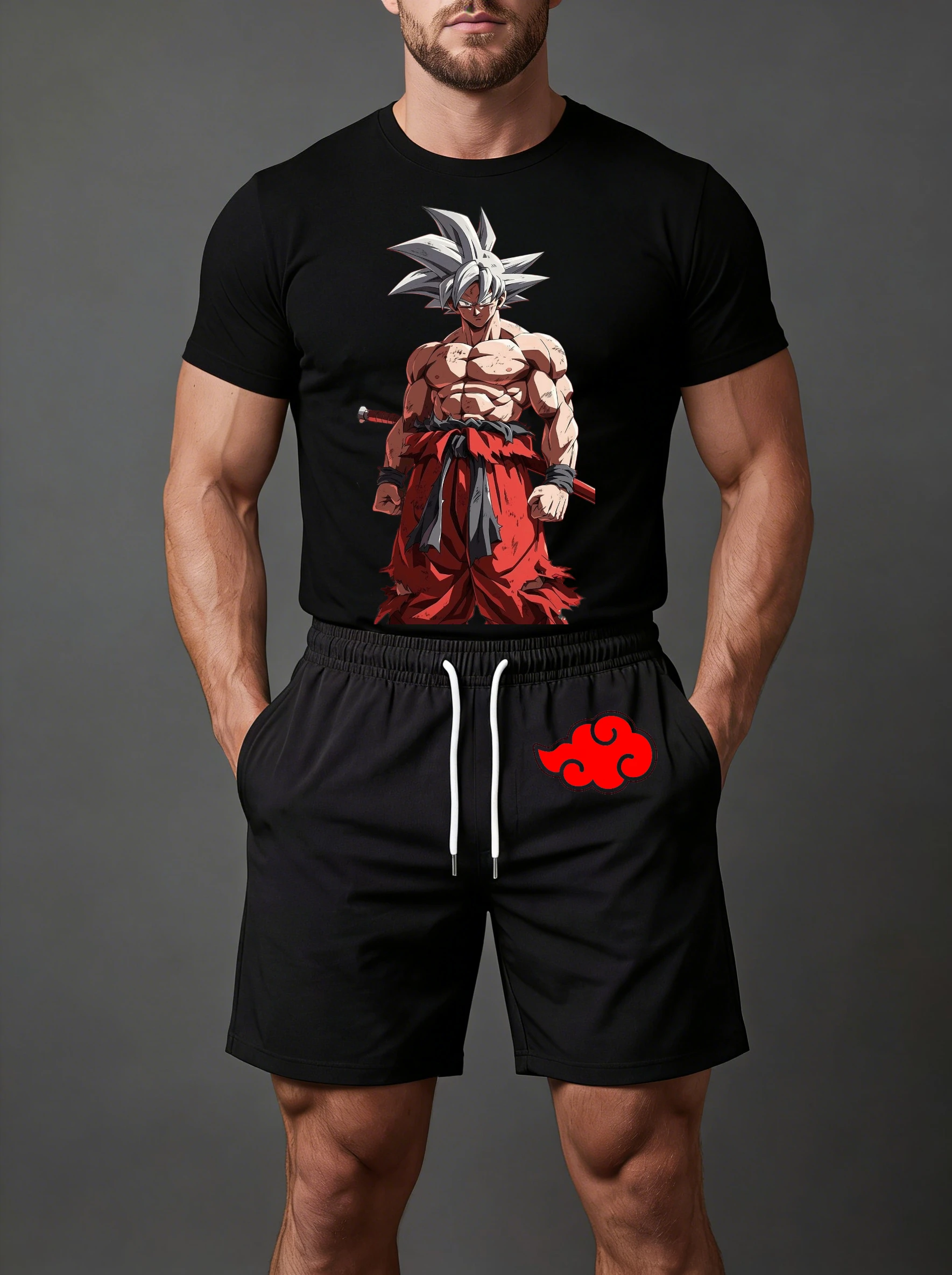 Conjunto de Camiseta y Pantalones Cortos para Hombre, Verano 2026, Dragon Ball Super Saiyan Son Goku, Cabello Blanco, Kimono Rojo, Estampado de Espada y Nube, Suave