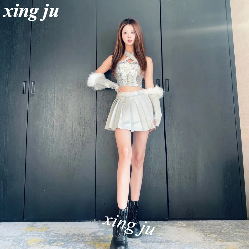 Nowa Kobieta Piosenkarka Kpop Fioletowe Cekiny Top na Ramiączkach Obcisła Plisowana Spódnica Strój Sceniczny Ubrania do Tańca Jazzowego Kostium dla Dziewczyny Tancerki Hip Hop