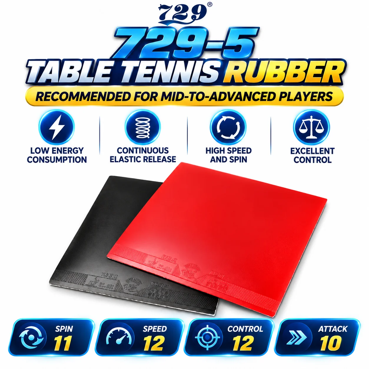 Friendship 729-5 Table Tennis Anti-Adhesive Rubber Sticky Table Tennis Racket Rubber with Sponge for Fast Attack and Loop Type Play, Suitable for Forehand and Backhand Table Tennis Rackets, Ideal for Daily Training and Offensive Playing Styles