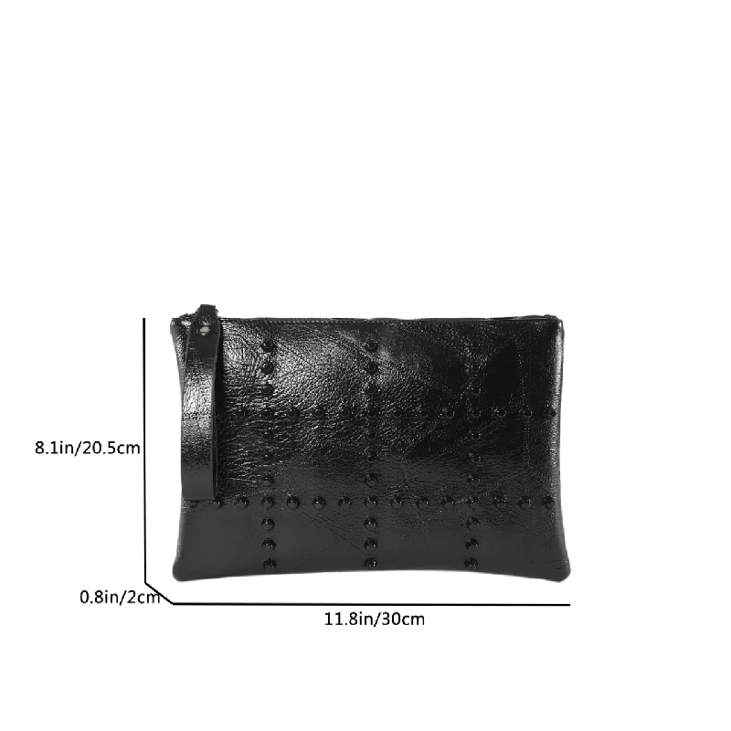 Ladies Black Envelop Clutch Bag Dark Punk Streetwear Rivets Wrist Bag Unisex Leather Purse Gothic Female Phone Pocket 2024 New