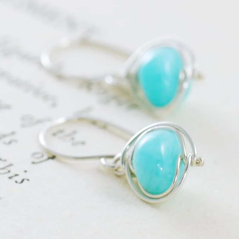 Sky blue jewel earrings, Amazon stone thread winding handmade jewelry