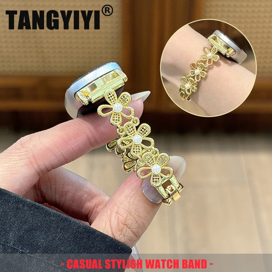 

Fashion Lace Flower Pearl Bracelet For Xiaomi Mi Band 10 8 9 Copper Hollow Out Strap For Miband 9 Pro 8 Pro Watch Band Wristband